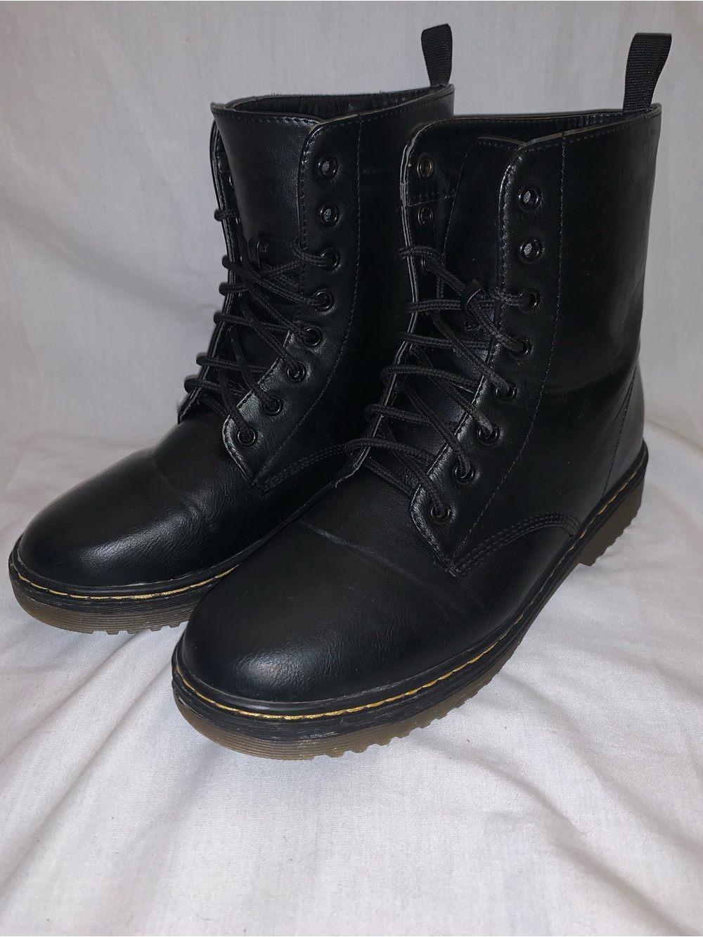 Charlies Black Lace-Up Combat Boots with Yellow Stitching